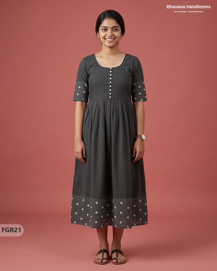 Summer Special Premium Cotton Handloom Frock with Woven Design | Dark Gray Colour