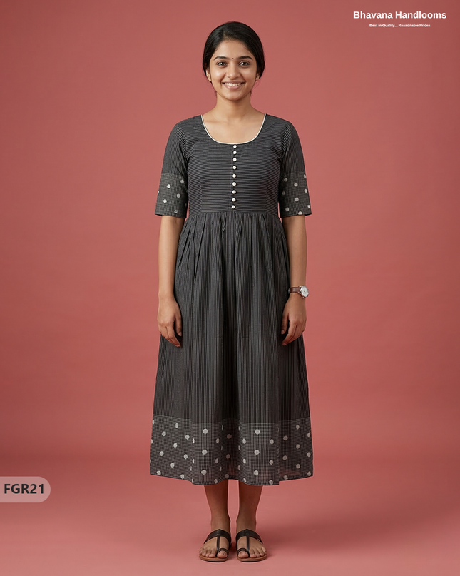 Summer Special Premium Cotton Handloom Frock with Woven Design | Dark Gray Colour