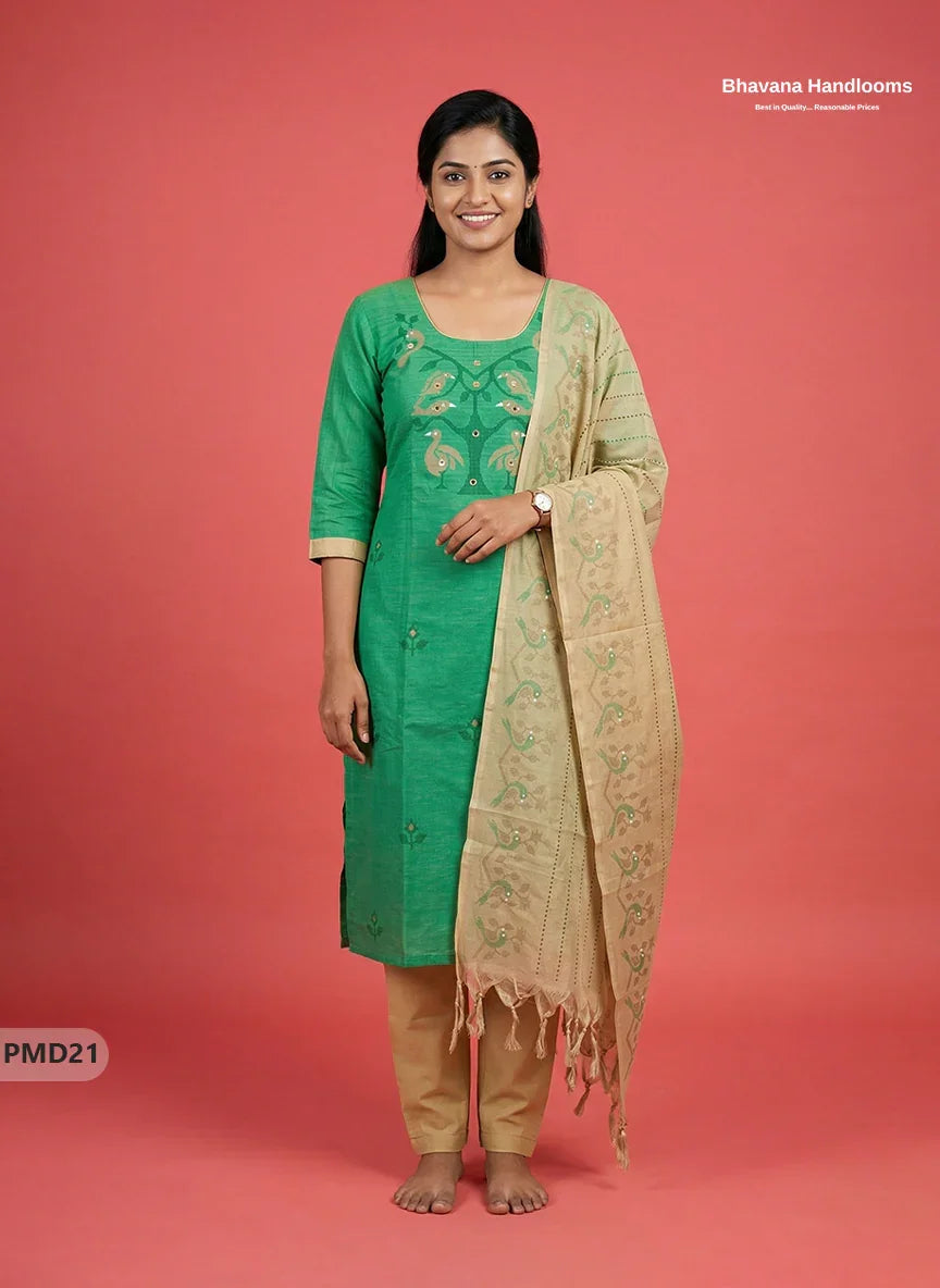 Premium Cyan Green Kurti Set with Birds Print & Mirror Finishing | Ready-to-Wear