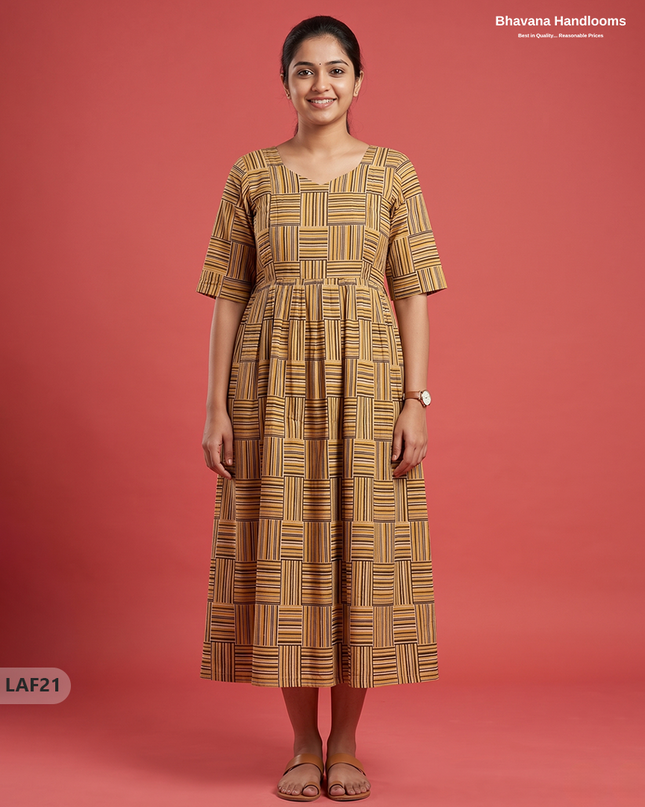 Feeding Frock with Kalamkari Design – Light Brown Color | Invisible Zips | Half Lining Maternity Wear
