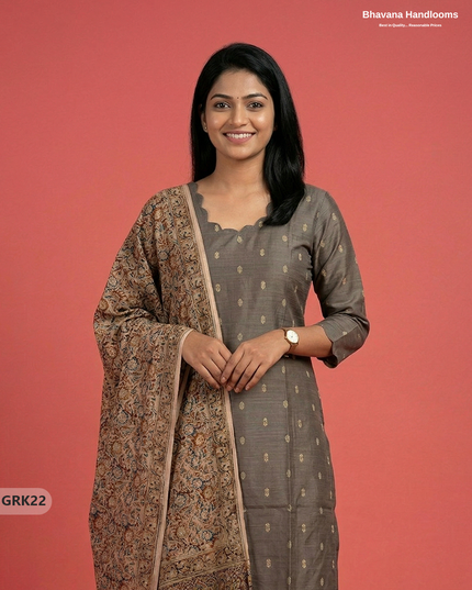 Raw Silk 3PC Kurti Set with Kalamkari Dupatta & Elastic Bottom in Gray Colour | Ethnic Wear