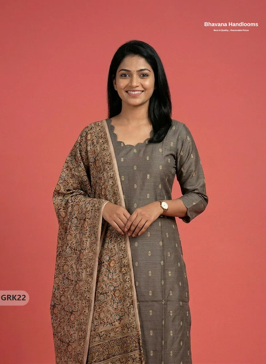 Raw Silk 3PC Kurti Set with Kalamkari Dupatta & Elastic Bottom in Gray Colour | Ethnic Wear