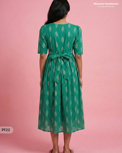 Handcrafted Pochampally Green Cotton Frock with Knot Detailing – Ethnic Wear for Women