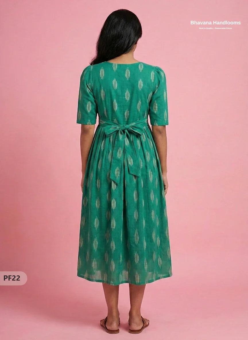 Handcrafted Pochampally Green Cotton Frock with Knot Detailing – Ethnic Wear for Women