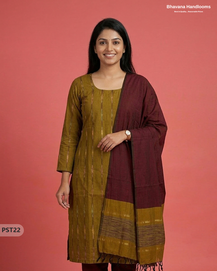 Pochampally Semi Pattu 3PC Kurti Set in Peasara Green Colour | Ready-to-Wear Ethnic Wear