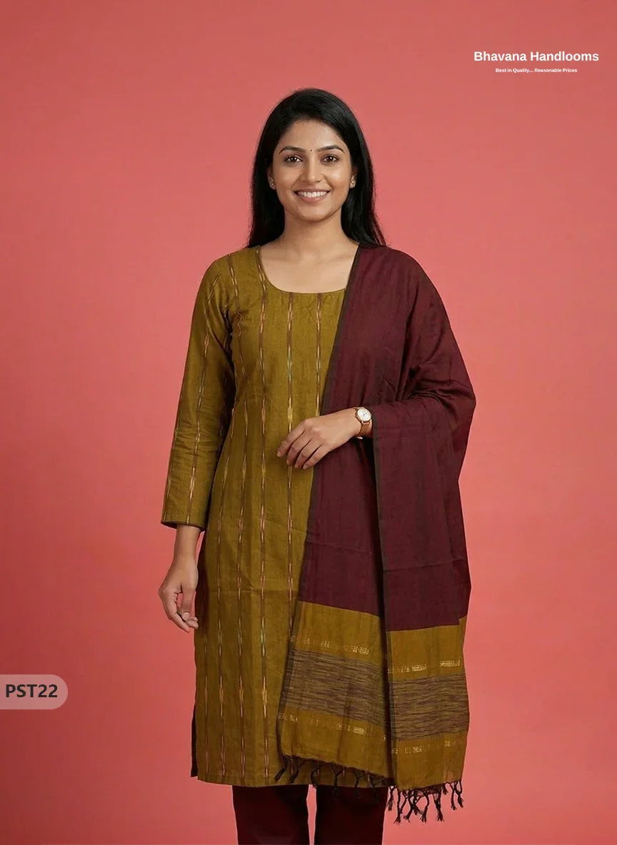 Pochampally Semi Pattu 3PC Kurti Set in Peasara Green Colour | Ready-to-Wear Ethnic Wear