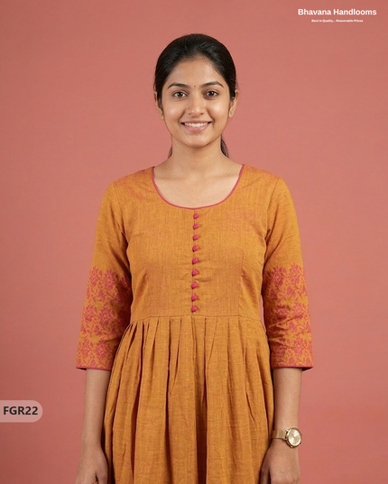 Summer Special Premium Cotton Handloom Frock with Woven Design | Yellowish Orange Colour