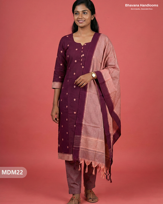 Mangalagiri Cotton 3PC Set with Full-Length Lining & Elastic Pocket Bottom – Indian Wine Red