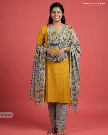Readymade Cotton Kurti Set in Yellow with Mirror Finishing Design