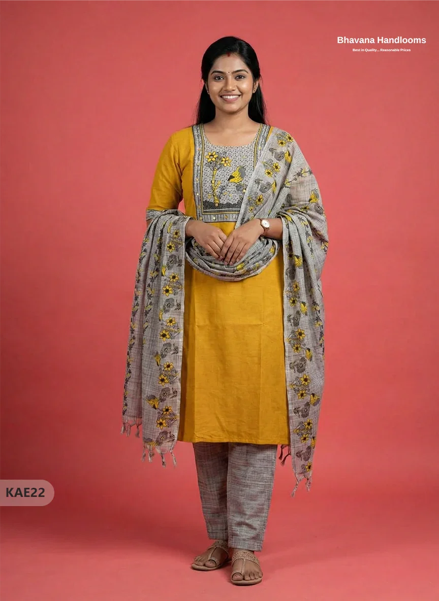 Readymade Cotton Kurti Set in Yellow with Mirror Finishing Design