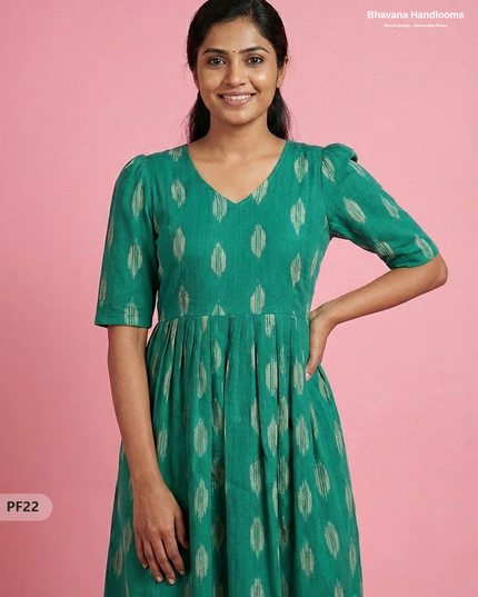 Handcrafted Pochampally Green Cotton Frock with Knot Detailing – Ethnic Wear for Women