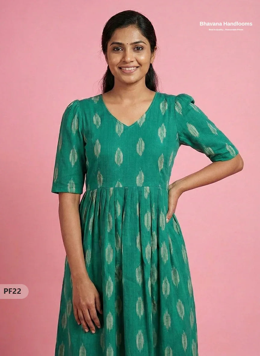 Handcrafted Pochampally Green Cotton Frock with Knot Detailing – Ethnic Wear for Women