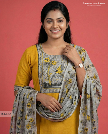 Readymade Cotton Kurti Set in Yellow with Mirror Finishing Design