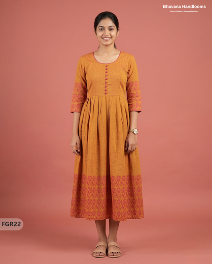 Summer Special Premium Cotton Handloom Frock with Woven Design | Yellowish Orange Colour