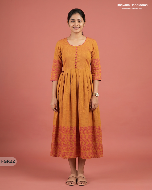Summer Special Premium Cotton Handloom Frock with Woven Design | Yellowish Orange Colour
