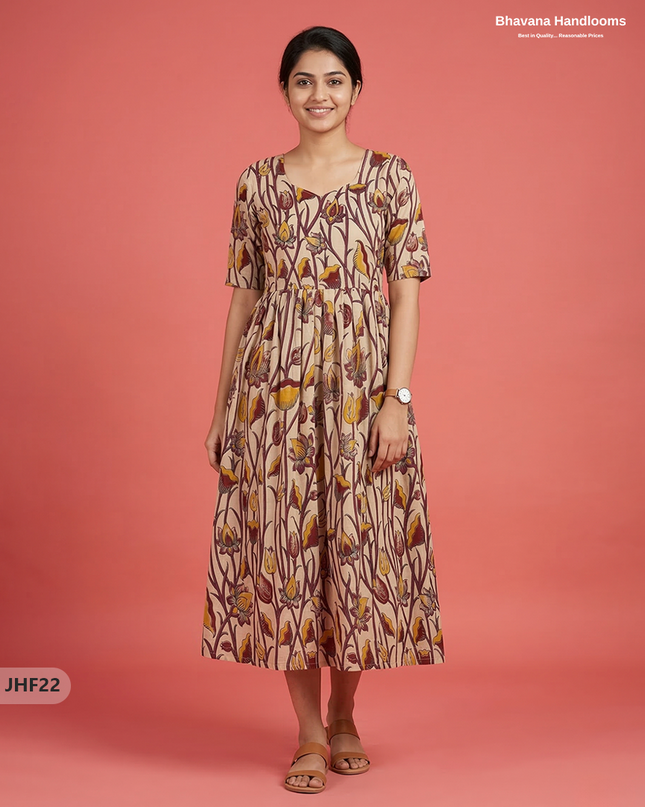 Kalamkari Design Frock – Light Brown Colour | Handloom Ethnic Wear with Half Lining