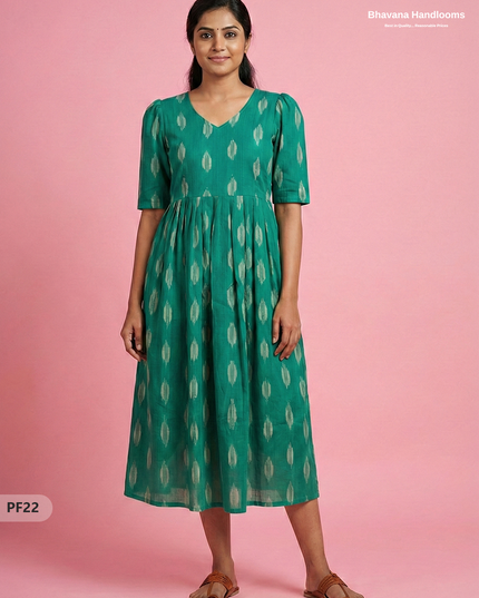 Handcrafted Pochampally Green Cotton Frock with Knot Detailing – Ethnic Wear for Women