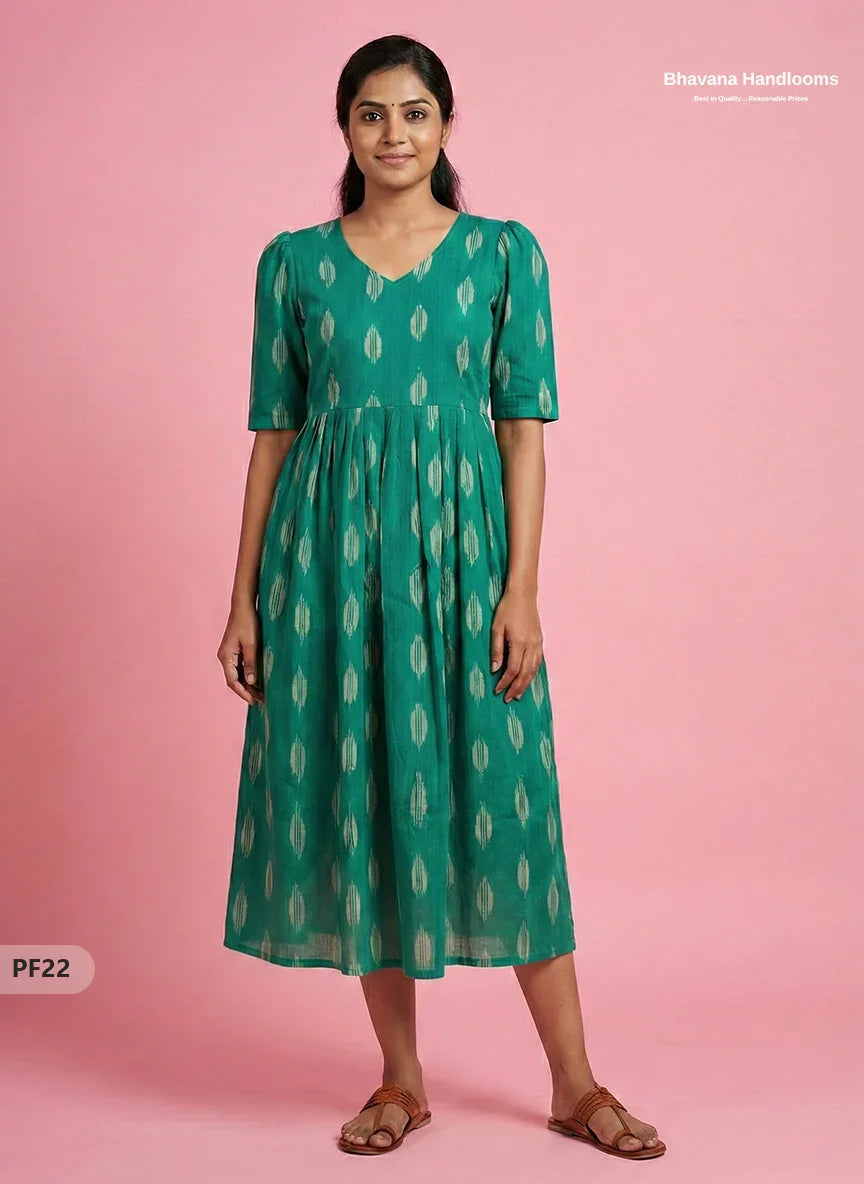 Handcrafted Pochampally Green Cotton Frock with Knot Detailing – Ethnic Wear for Women