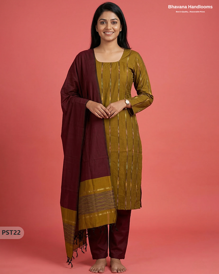 Pochampally Semi Pattu 3PC Kurti Set in Peasara Green Colour | Ready-to-Wear Ethnic Wear
