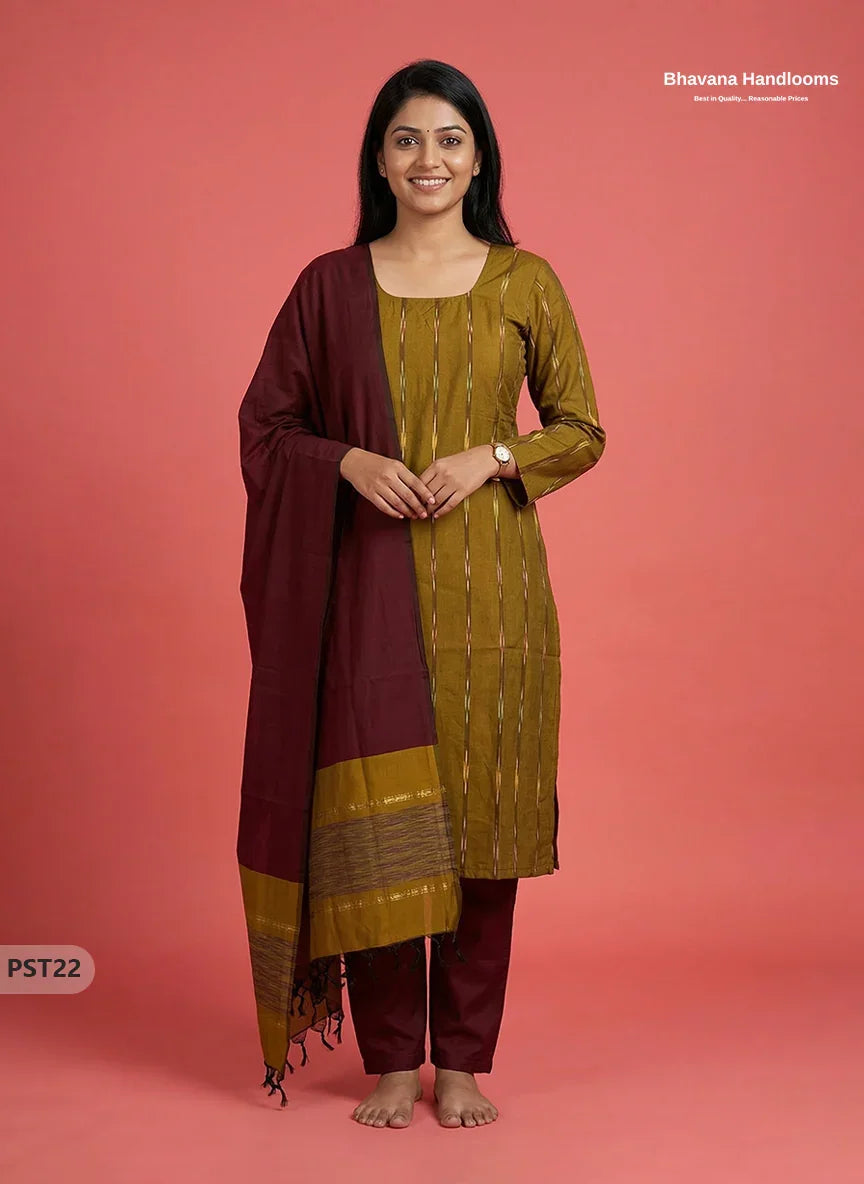 Pochampally Semi Pattu 3PC Kurti Set in Peasara Green Colour | Ready-to-Wear Ethnic Wear