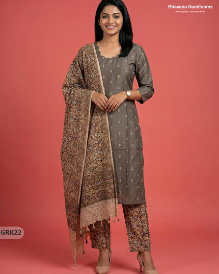 Raw Silk 3PC Kurti Set with Kalamkari Dupatta & Elastic Bottom in Gray Colour | Ethnic Wear