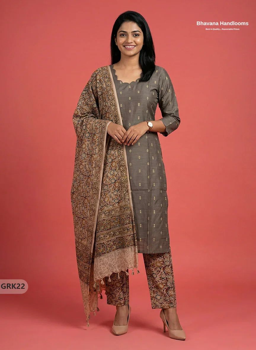 Raw Silk 3PC Kurti Set with Kalamkari Dupatta & Elastic Bottom in Gray Colour | Ethnic Wear