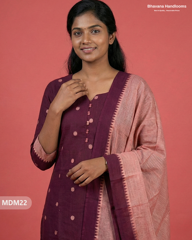 Mangalagiri Cotton 3PC Set with Full-Length Lining & Elastic Pocket Bottom – Indian Wine Red