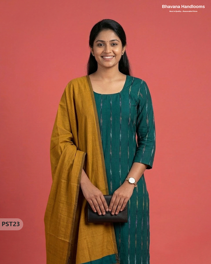 Pochampally Semi Pattu 3PC Kurti Set in Drak Green Colour | Ready-to-Wear Ethnic Wear