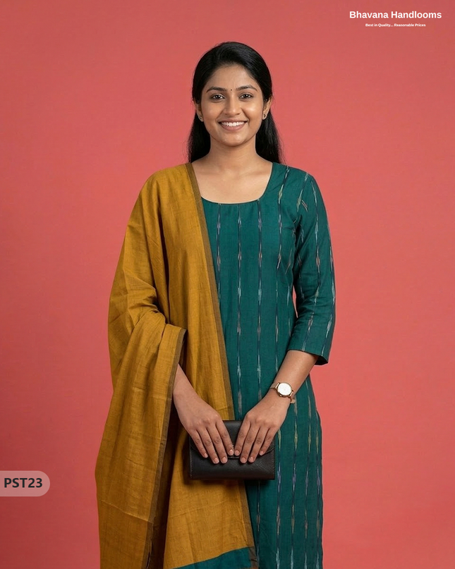 Pochampally Semi Pattu 3PC Kurti Set in Drak Green Colour | Ready-to-Wear Ethnic Wear