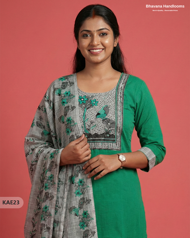 Readymade Cotton Kurti Set in Green with Mirror Finishing Design
