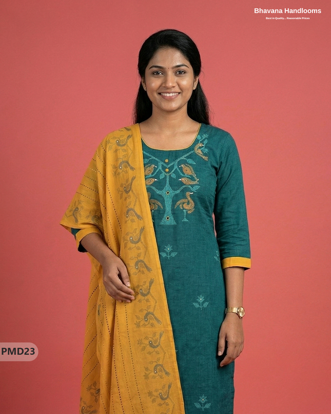 Premium Dark Green Kurti Set with Birds Print & Mirror Finishing | Ready-to-Wear