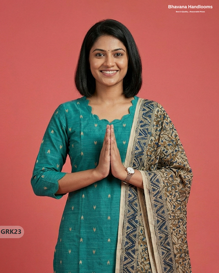 Raw Silk 3PC Kurti Set with Kalamkari Dupatta & Elastic Bottom in Sea Green Colour | Ethnic Wear