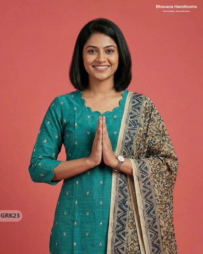 Raw Silk 3PC Kurti Set with Kalamkari Dupatta & Elastic Bottom in Sea Green Colour | Ethnic Wear