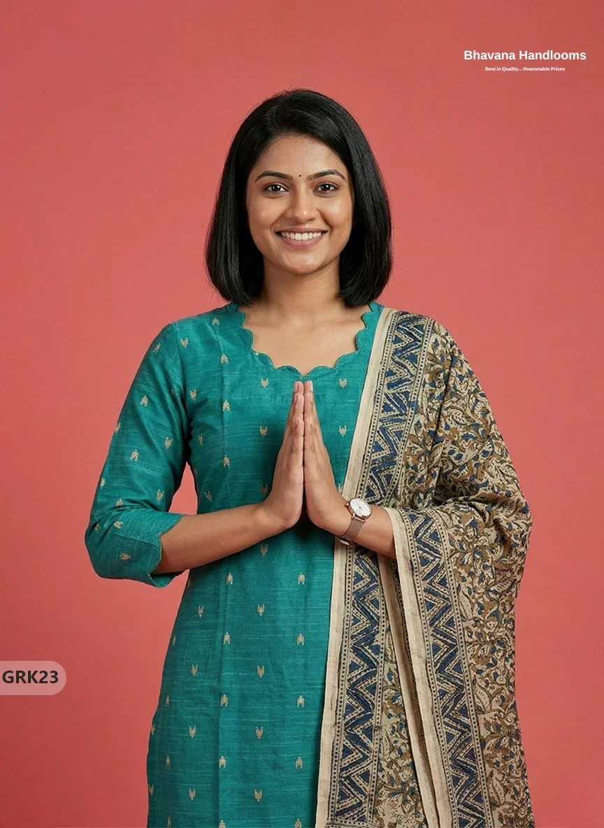 Raw Silk 3PC Kurti Set with Kalamkari Dupatta & Elastic Bottom in Sea Green Colour | Ethnic Wear