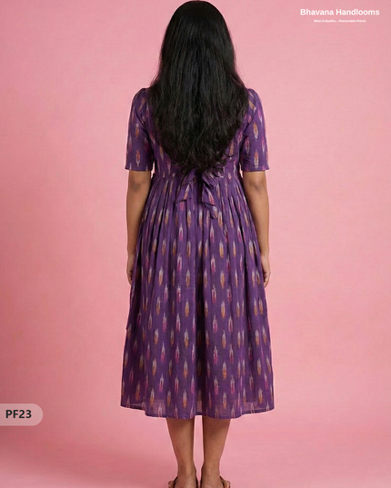 Handcrafted Pochampally Violet Cotton Frock with Knot Detailing – Ethnic Wear for Women
