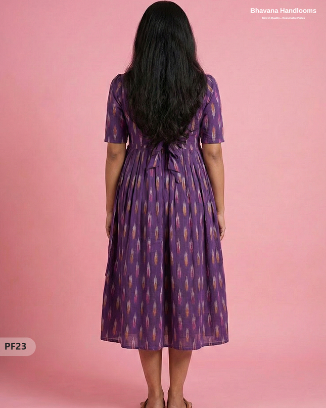Handcrafted Pochampally Violet Cotton Frock with Knot Detailing – Ethnic Wear for Women