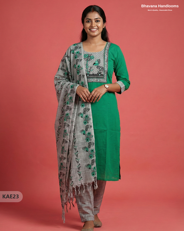 Readymade Cotton Kurti Set in Green with Mirror Finishing Design
