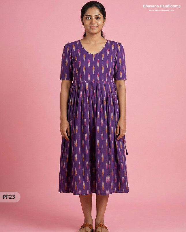 Handcrafted Pochampally Violet Cotton Frock with Knot Detailing – Ethnic Wear for Women