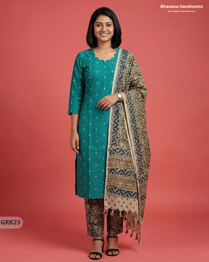 Raw Silk 3PC Kurti Set with Kalamkari Dupatta & Elastic Bottom in Sea Green Colour | Ethnic Wear