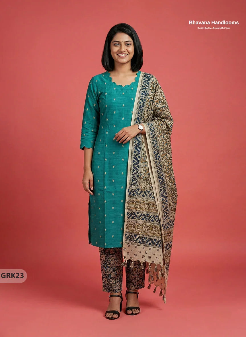 Raw Silk 3PC Kurti Set with Kalamkari Dupatta & Elastic Bottom in Sea Green Colour | Ethnic Wear