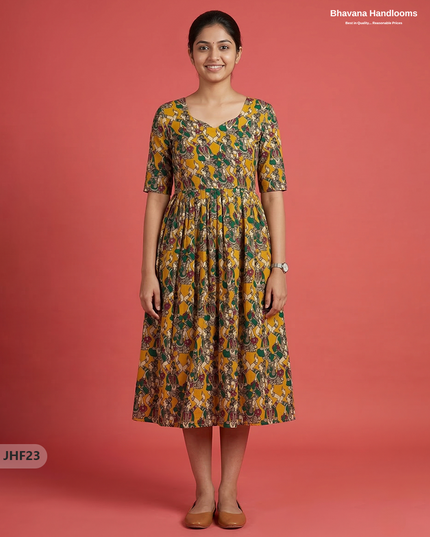Kalamkari Design Frock – Yellow Colour | Handloom Ethnic Wear with Half Lining