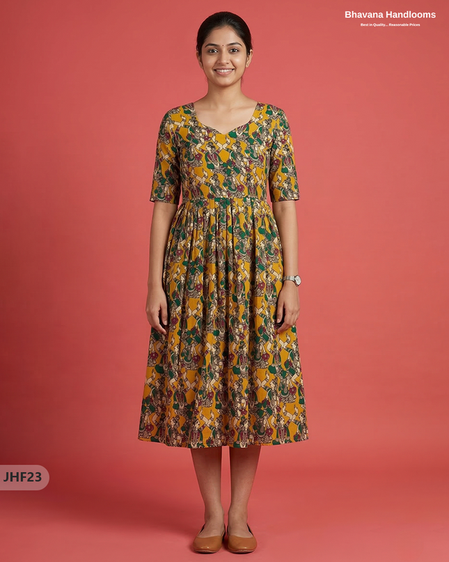 Kalamkari Design Frock – Yellow Colour | Handloom Ethnic Wear with Half Lining