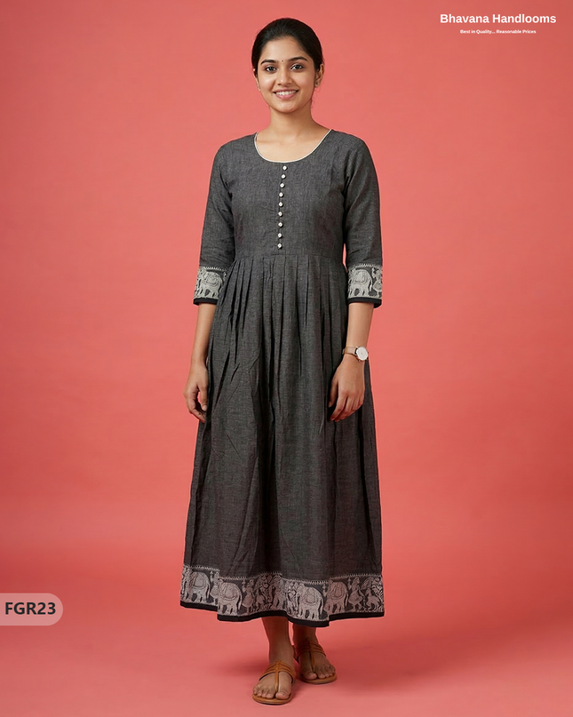 Summer Special Premium Cotton Handloom Frock with Woven Design | Black Colour