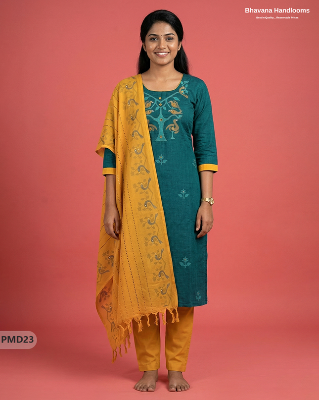 Premium Dark Green Kurti Set with Birds Print & Mirror Finishing | Ready-to-Wear