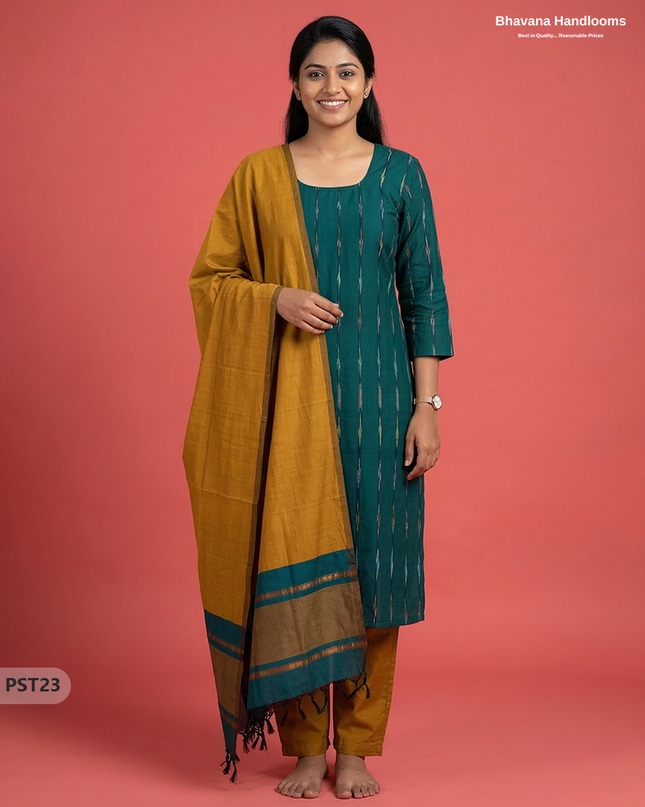 Pochampally Semi Pattu 3PC Kurti Set in Drak Green Colour | Ready-to-Wear Ethnic Wear