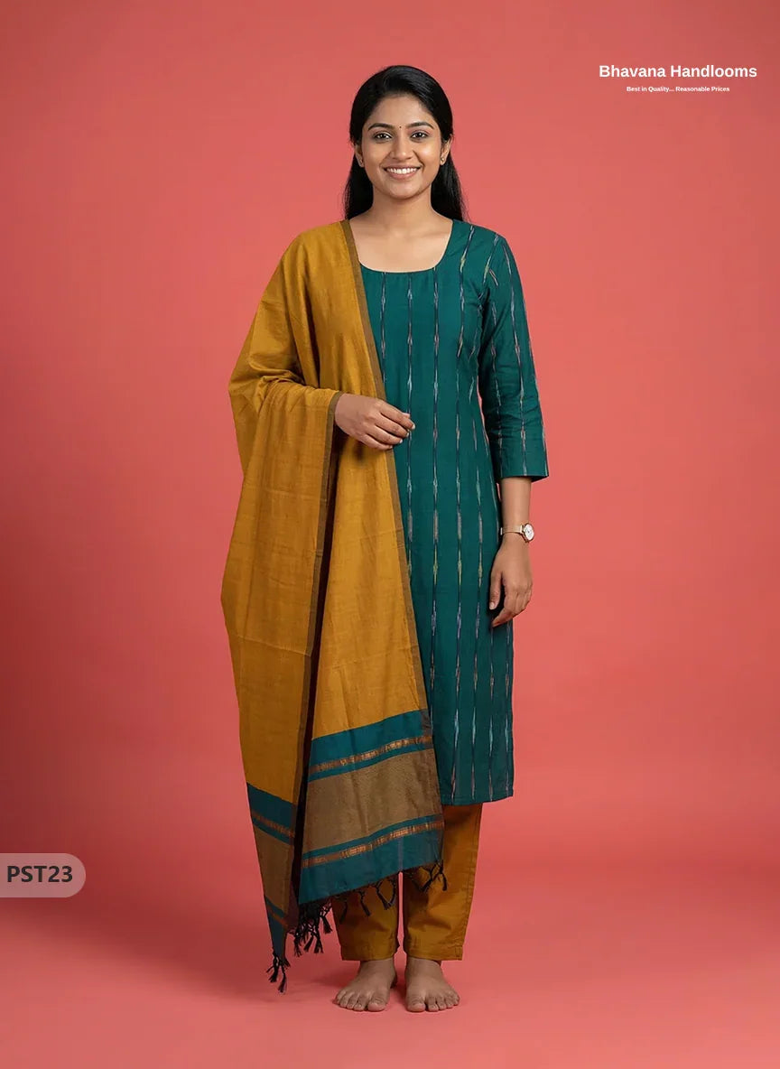 Pochampally Semi Pattu 3PC Kurti Set in Drak Green Colour | Ready-to-Wear Ethnic Wear