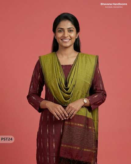 Pochampally Semi Pattu 3PC Kurti Set in Maroon Colour | Ready-to-Wear Ethnic Wear