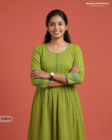 Summer Special Premium Cotton Handloom Frock with Woven Design | Yellow Green Colour