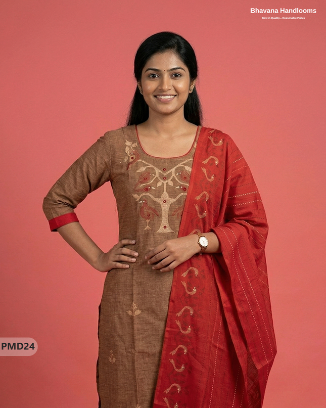 Premium Brown Kurti Set with Birds Print & Mirror Finishing | Ready-to-Wear