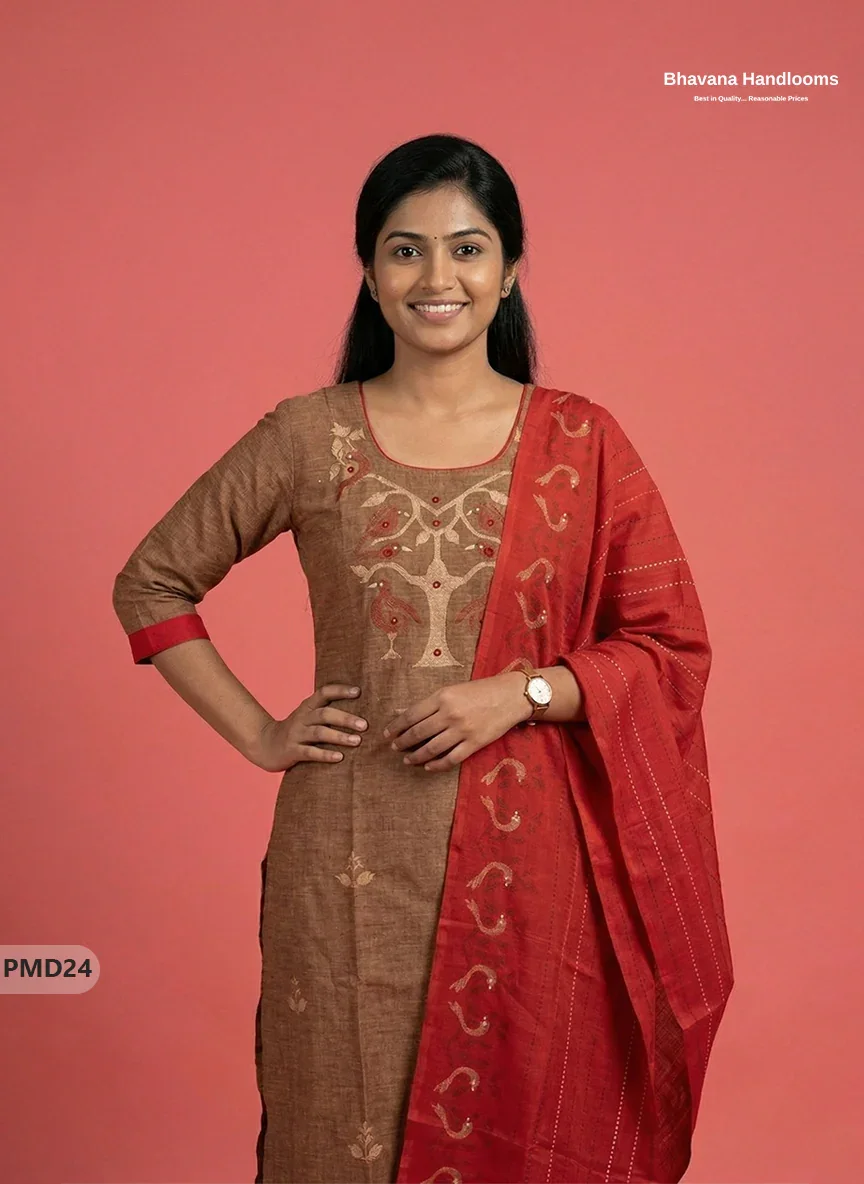 Premium Brown Kurti Set with Birds Print & Mirror Finishing | Ready-to-Wear